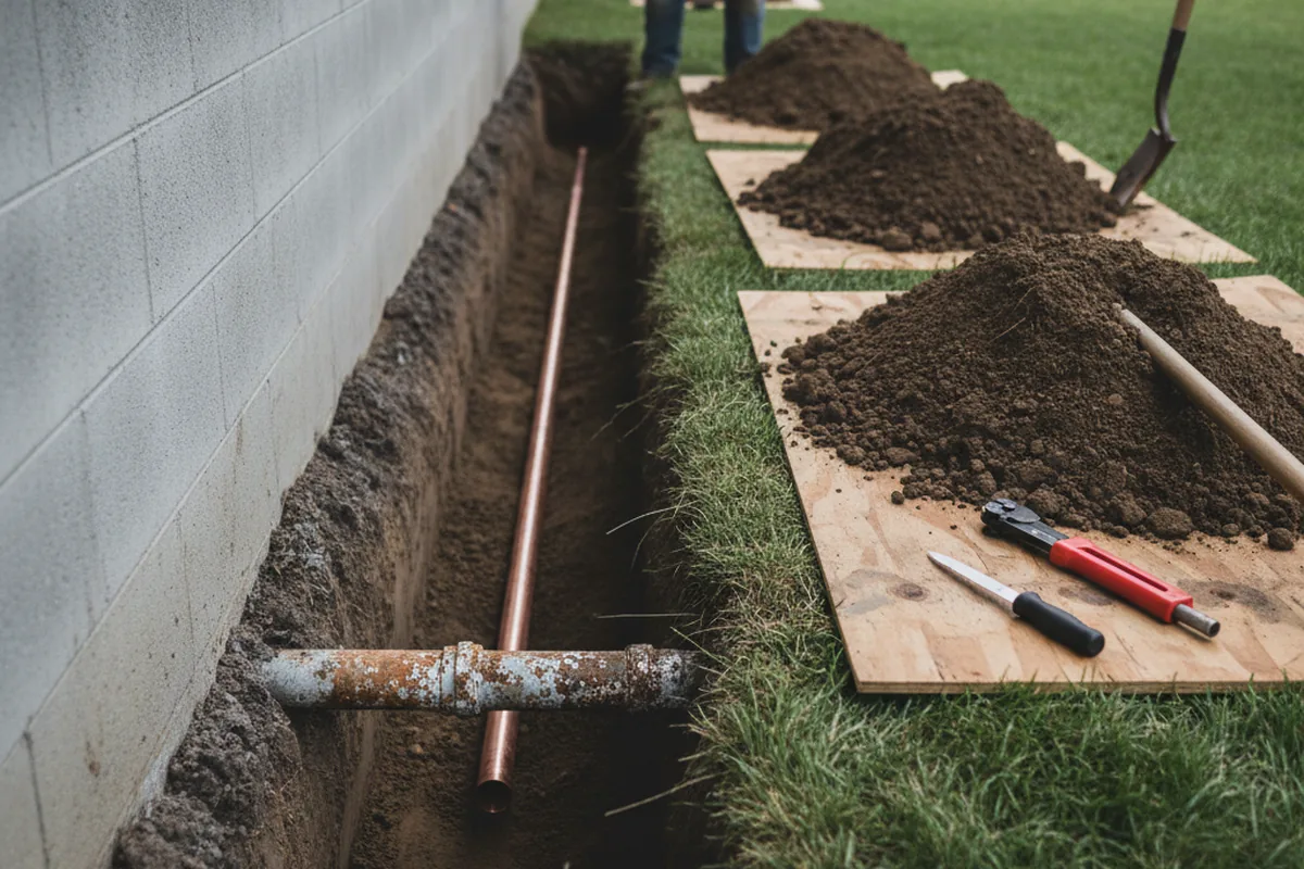 Excavated water line trench during Sewer Line Repair in Grand River